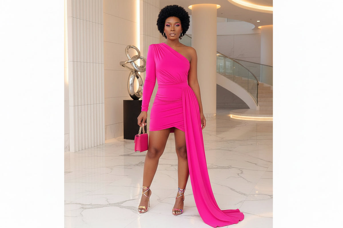 one shoulder long sleeve ruched dress Women's One-shoulder Long Sleeve Ruched Split Midi Bodycon Dress