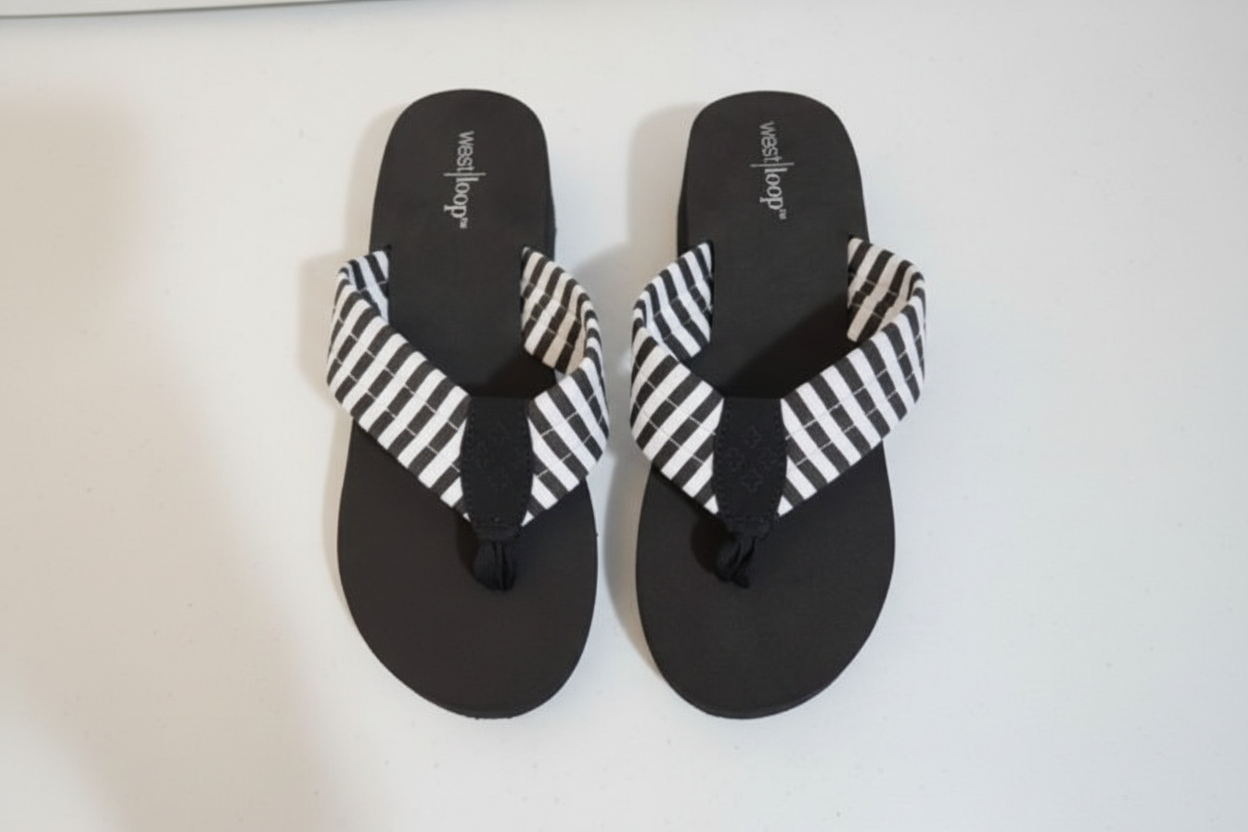 Black Flip Flop Sandals with White Stripes Sz 11 Mixit Flip Flops Black White Palm Tree Rhinestone Strap  main image 2