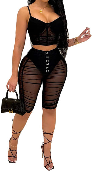 Black Mesh Ruched Set