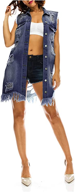 Women's Long Boyfriend Distressed Denim Jacket