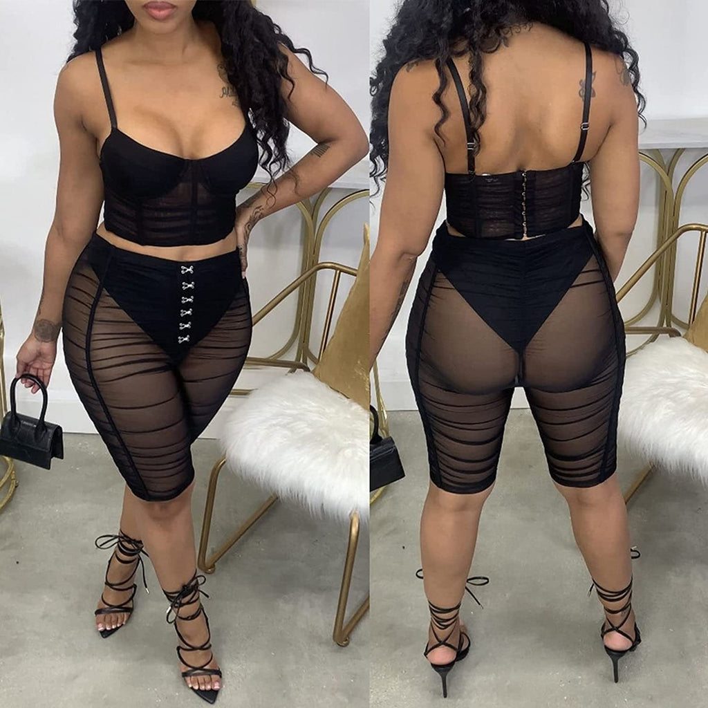 Black Mesh Ruched Set