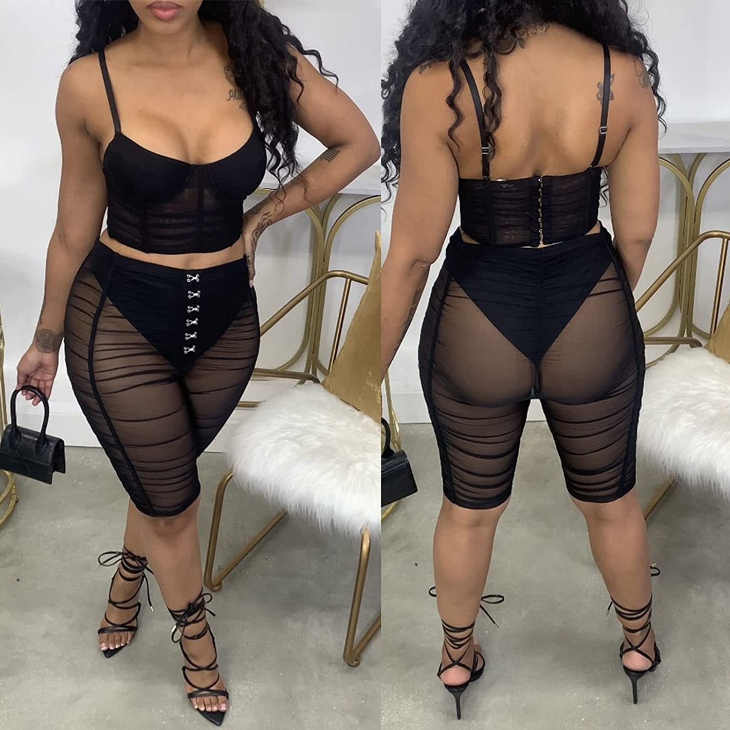 Black Mesh Ruched Set