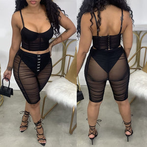 Black Mesh Ruched Set