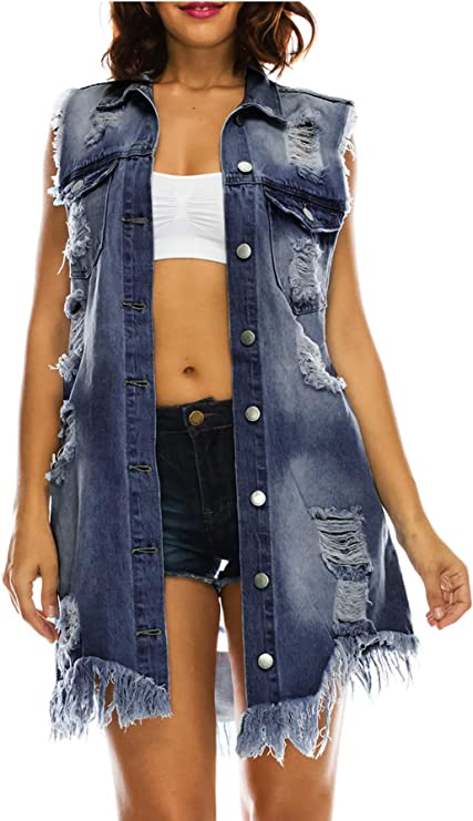 Women's Long Boyfriend Distressed Denim Jacket