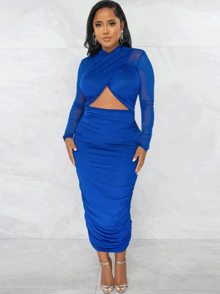 Blue Ruched Mesh Long Sleeve Midi Bodycon Dress – TCD Fashion