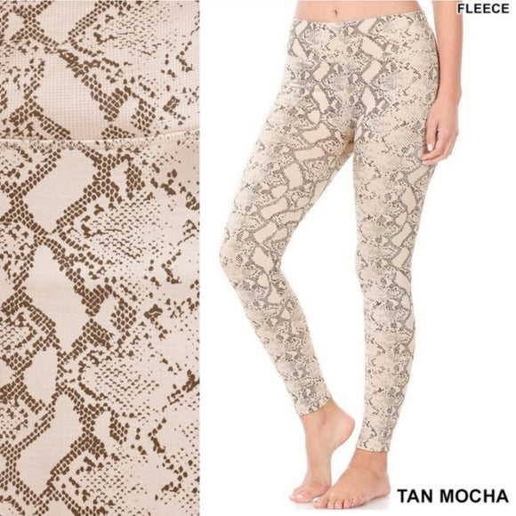 Snake Print Fleece Leggings- Tan Mocha